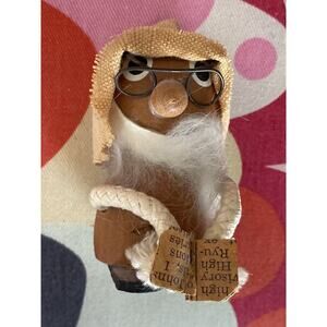 Vintage Danish Wooden Figurine Old Man Dwarf with Wire Glasses Book